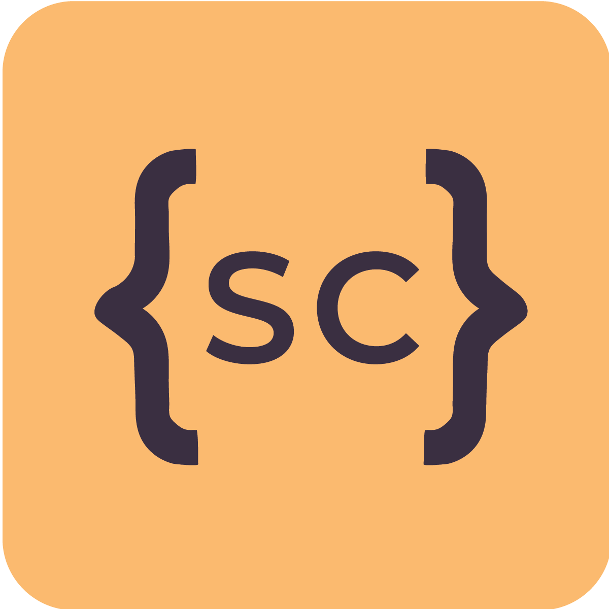 Logo, Icon Version. Two curly brackets frame the initials "S" and "C" over a square background with rounded corners. The icon background is light orange, with the brackets and initials in dark purple.