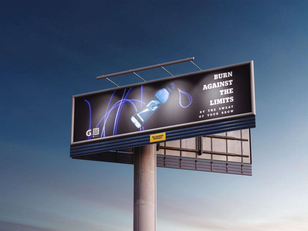 Billboard mockup of a "Gatorade" ad of "Cool Blue" flavour. It reads "Burn Against the Limits" and "By the sweat of your brow" underneath. The bottle is glowing blue with light painting behind and a teardrop shape.