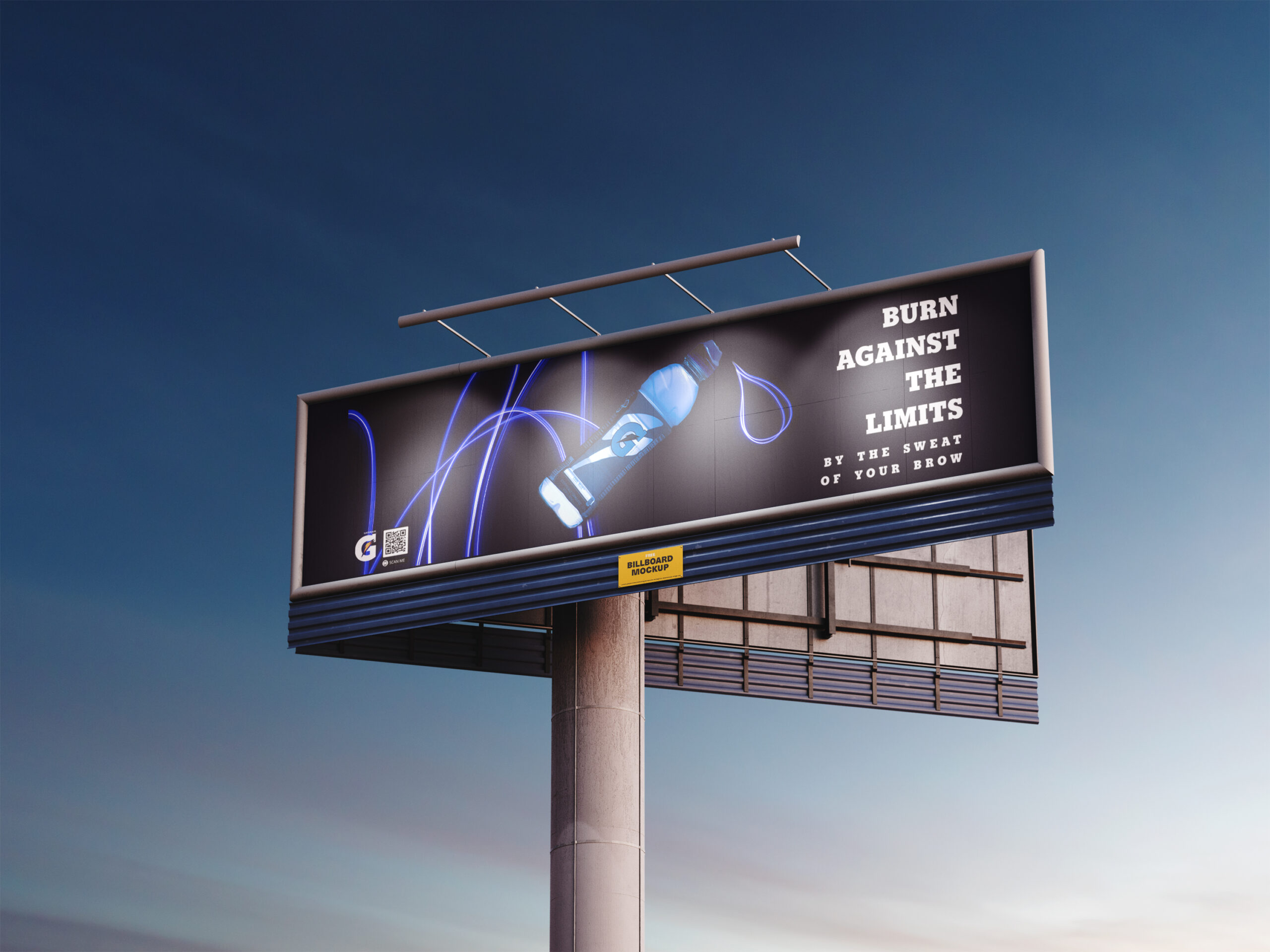Billboard mockup of a "Gatorade" ad of "Cool Blue" flavour. It reads "Burn Against the Limits" and "By the sweat of your brow" underneath. The bottle is glowing blue with light painting behind and a teardrop shape.