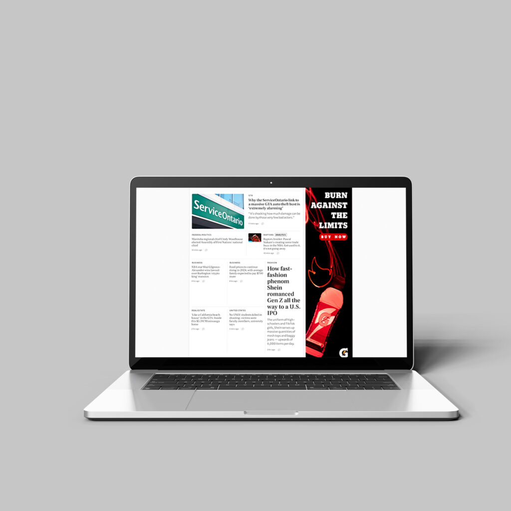 Web skyscraper ad mockup of a "Gatorade" ad of "Tropical Punch" flavour. It reads "Burn Against the Limits", and "Buy Now" underneath. The bottle is glowing red with light painting behind and a flame shape.