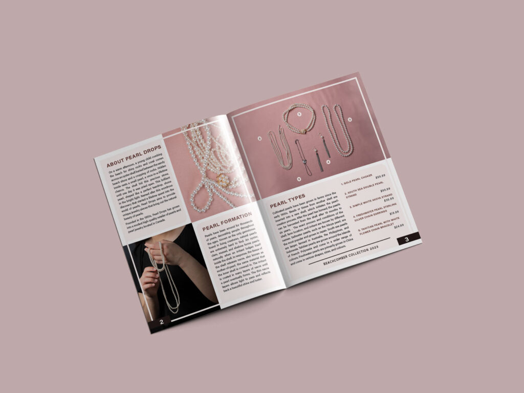 First two pages of a fashion lookbook advertising pearl and gold jewelry. The left page shows pearl jewelry and a history of them and the company. The right side shows a flat lay of pearl jewelry with information about pearl types.