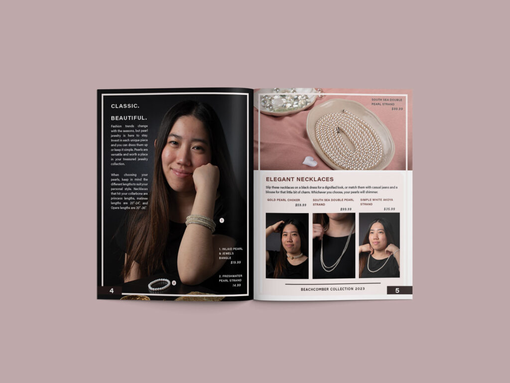 Two more pages of a fashion lookbook advertising pearl and gold jewelry. The left page is a full page photo of a person showing off bracelets, the right side shows different pearl necklaces.