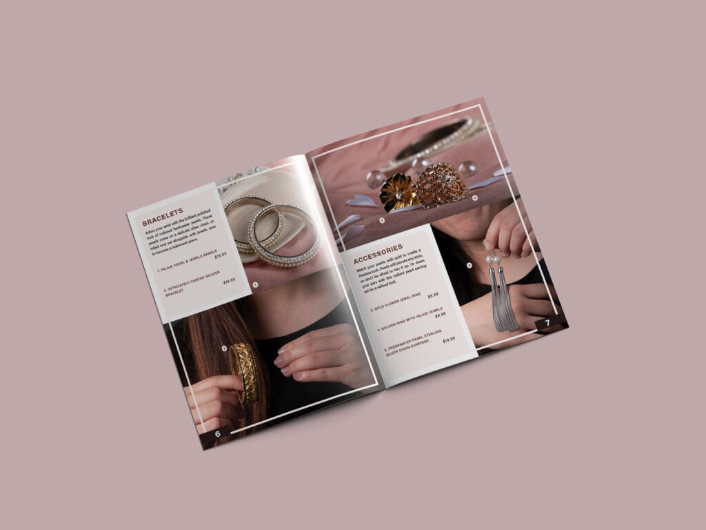 Two other pages of a fashion lookbook advertising pearl and gold jewelry. The left page shows two photos of bracelets, and the right side shows rings and earrings.