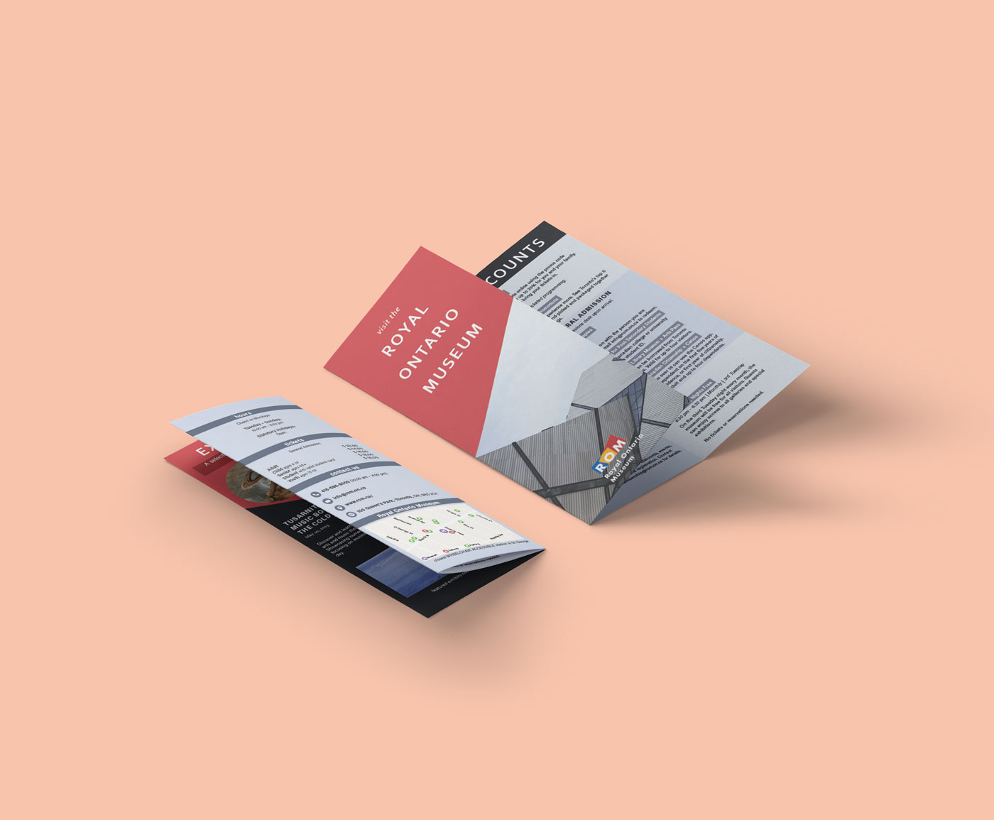 Folded tri-fold brochure for the Royal Ontario Museum in red, black, and light blue.