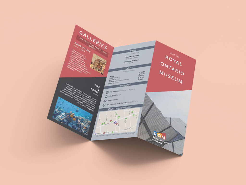 Outer design of a tri-fold brochure for the Royal Ontario Museum in red, black, and light blue.