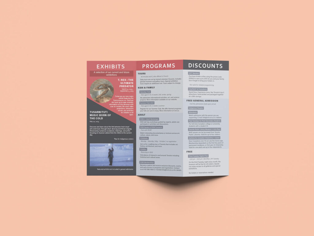 Inside design of a tri-fold brochure for the Royal Ontario Museum in red, black, and light blue.