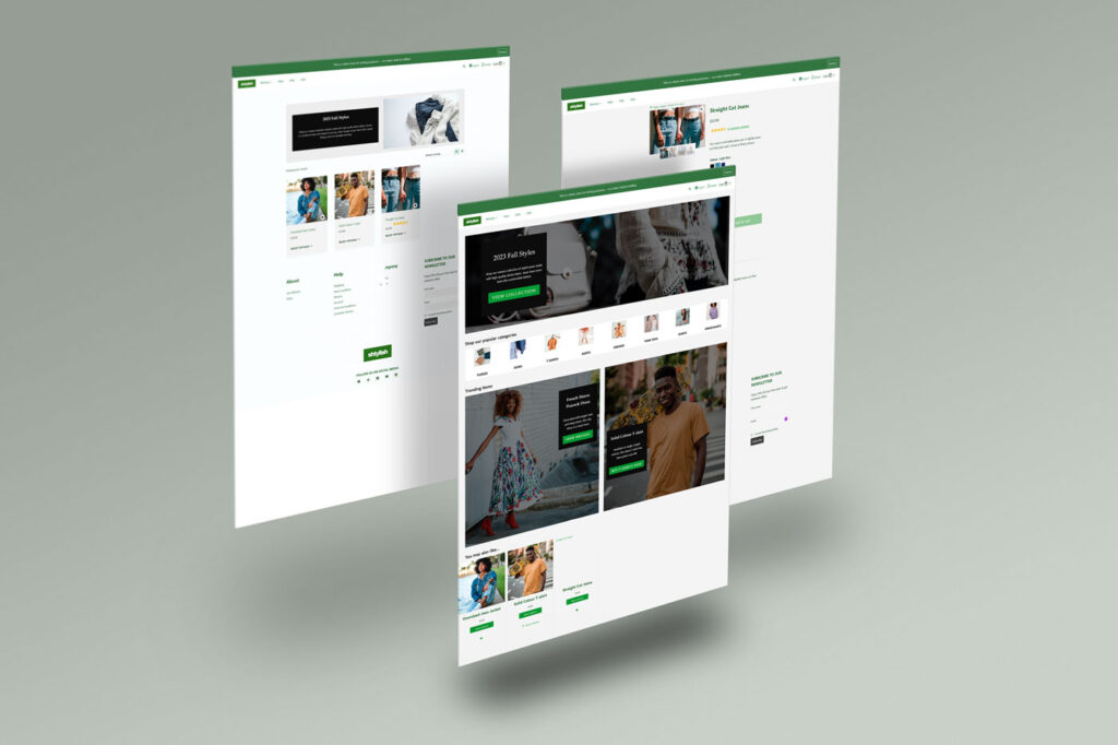Desktop website of a clothing e-commerce website on screen. The website uses green colours.